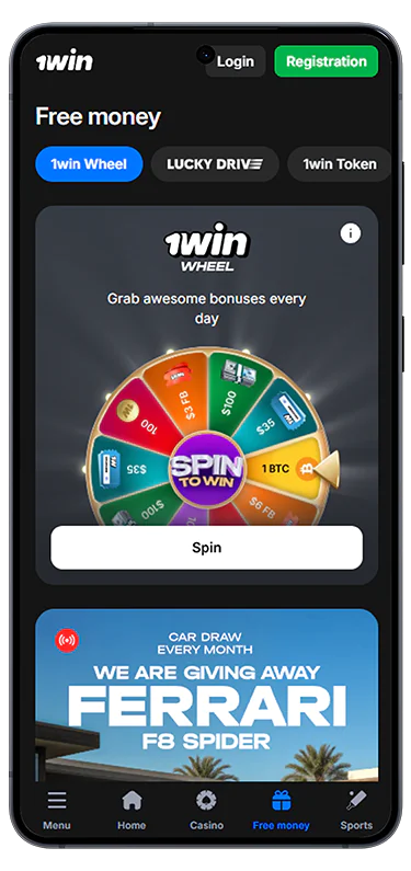 Free Money screen sections in the 1Win India app